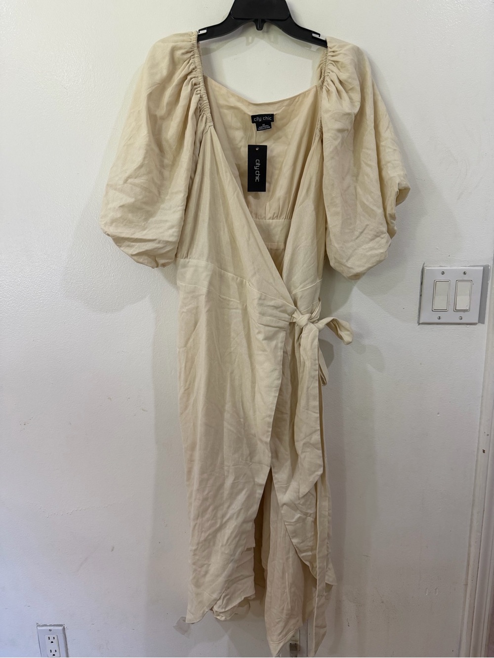 City Chic Cream Wrap Maxi Dress with Puff Sleeves and Side Tie